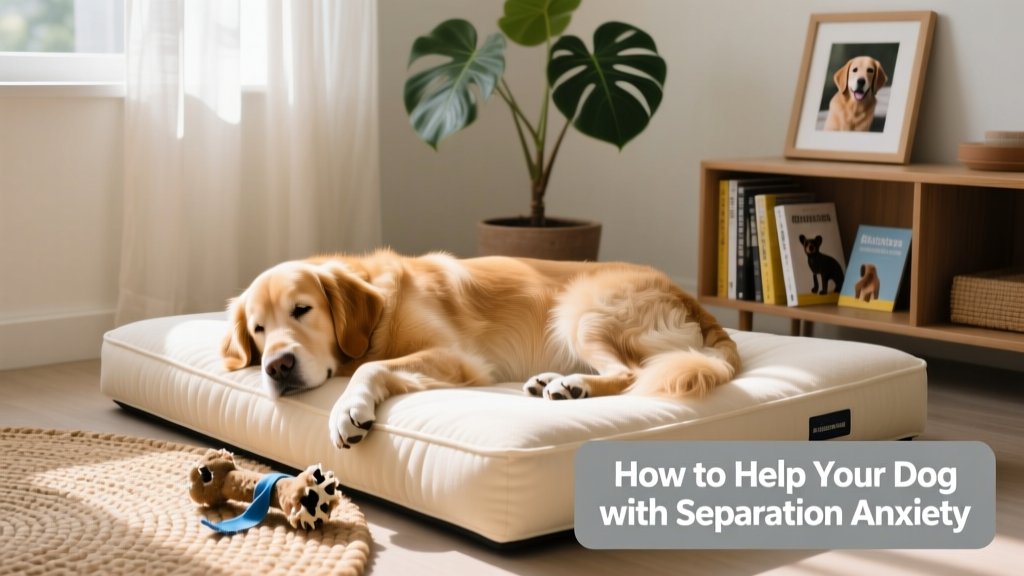 A calm, relaxed dog resting peacefully in a cozy, sunlit corner with a soft bed and a chew toy nearby