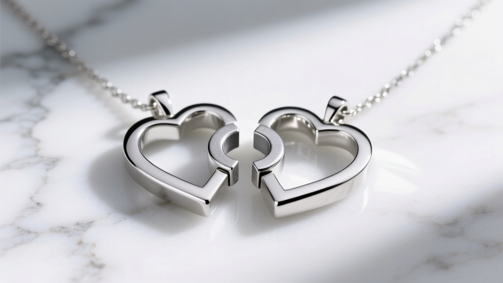Sterling silver magnetic heart necklace split in two, showing the embedded neodymium magnet on white marble.