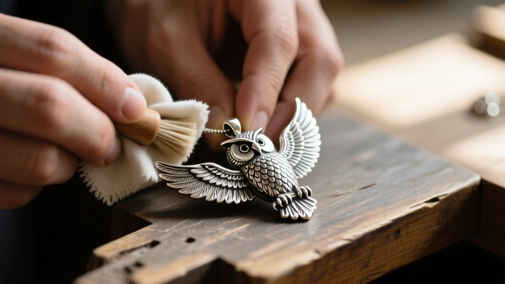Hands using a microfiber cloth to buff the wings of a tarnished sterling silver owl pendant on a wooden jeweler's workbench