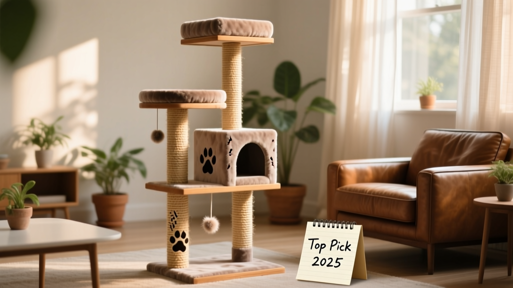 A compact, multi-level cat tree with sisal-wrapped posts and plush platforms in a living room setting