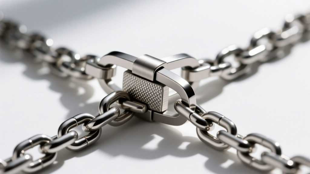 Macro shot of a brushed titanium magnetic clasp connecting two steel snake chains, highlighting the seamless interlocking design.