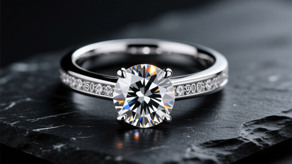 Macro shot of a 950 platinum solitaire ring with a round brilliant diamond on dark slate under dramatic studio lighting.