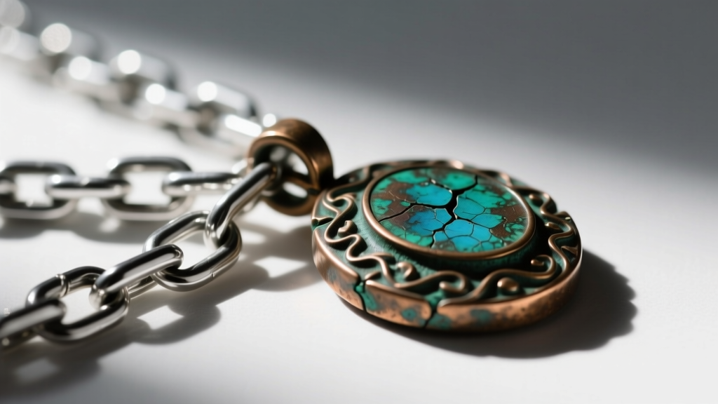 Close-up of a silver chain link next to an oxidized bronze pendant edge, showing contrasting textures and dark patina details