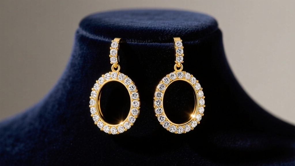 18k yellow gold hoop drop earrings with pavé diamond accents on a dark velvet bust under warm, directional gallery lighting.