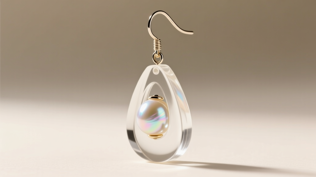 Side profile of a 1950s clear Lucite and faux pearl drop earring showing seamless acrylic molding and a painted glass pearl bead.