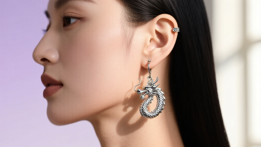 Side profile showcasing titanium Shenron dangle earrings, emphasizing the comfortable fit on a standard 20-gauge lobe piercing