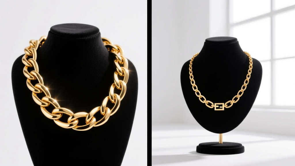 Split-screen comparison showing thick 18k gold links of a Fendi fine chain next to gold-plated brass links of a fashion necklace.
