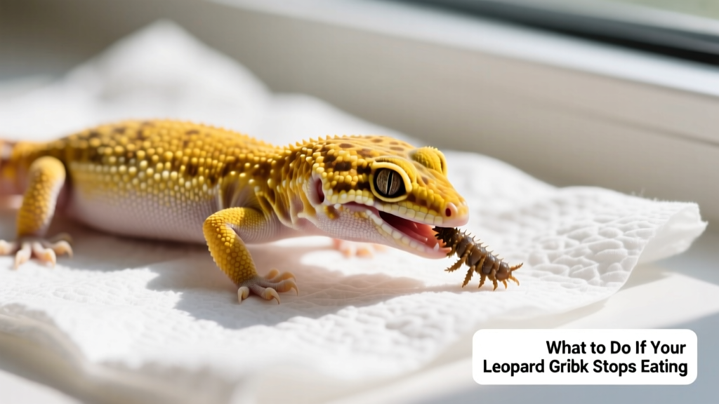 Yellow leopard gecko on white paper towel being fed a grub