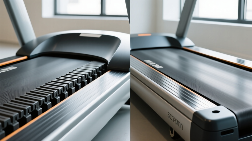 Close-up comparison of a thick rubber vulcanized slat belt on a curved runner next to a standard PVC motorized treadmill belt