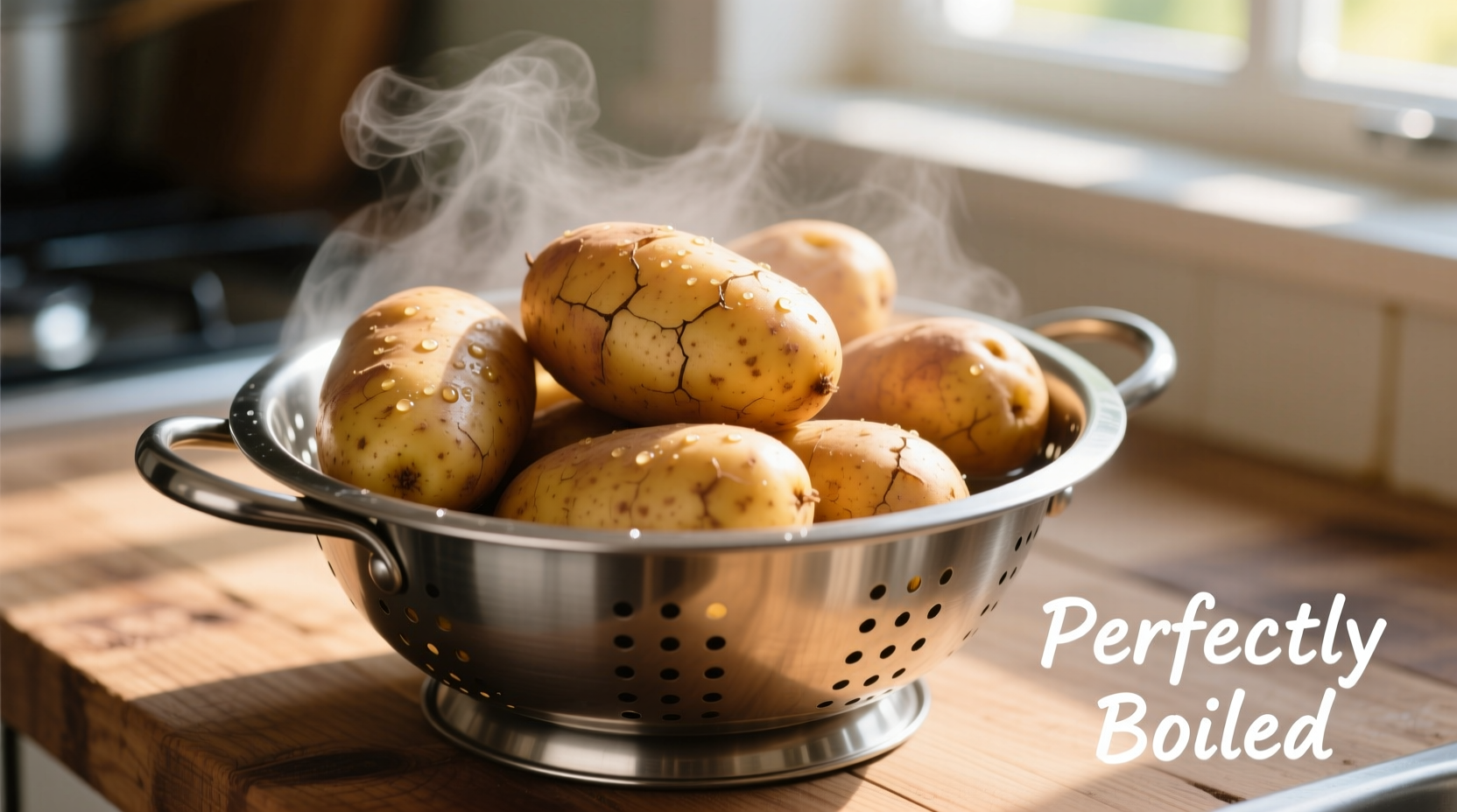Perfectly boiled sweet potatoes in a colander