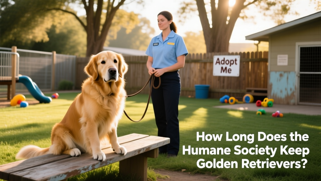 Golden Retriever sitting calmly in a shelter play yard with a staff member nearby