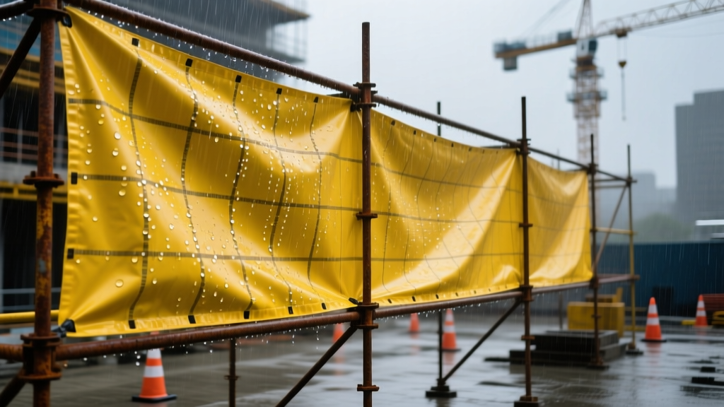 Heavy-duty yellow waterproof ripstop fabric with visible grid weave tensioned over steel scaffolding on a rainy construction site