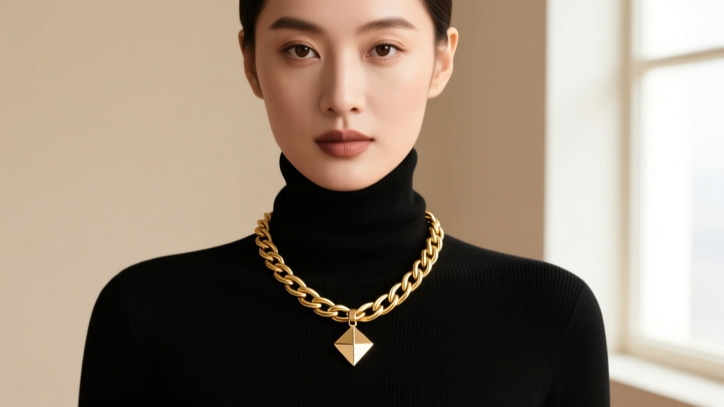 Woman wearing a 20 inch gold cable chain necklace over a black turtleneck, showing where the pendant rests on the upper chest