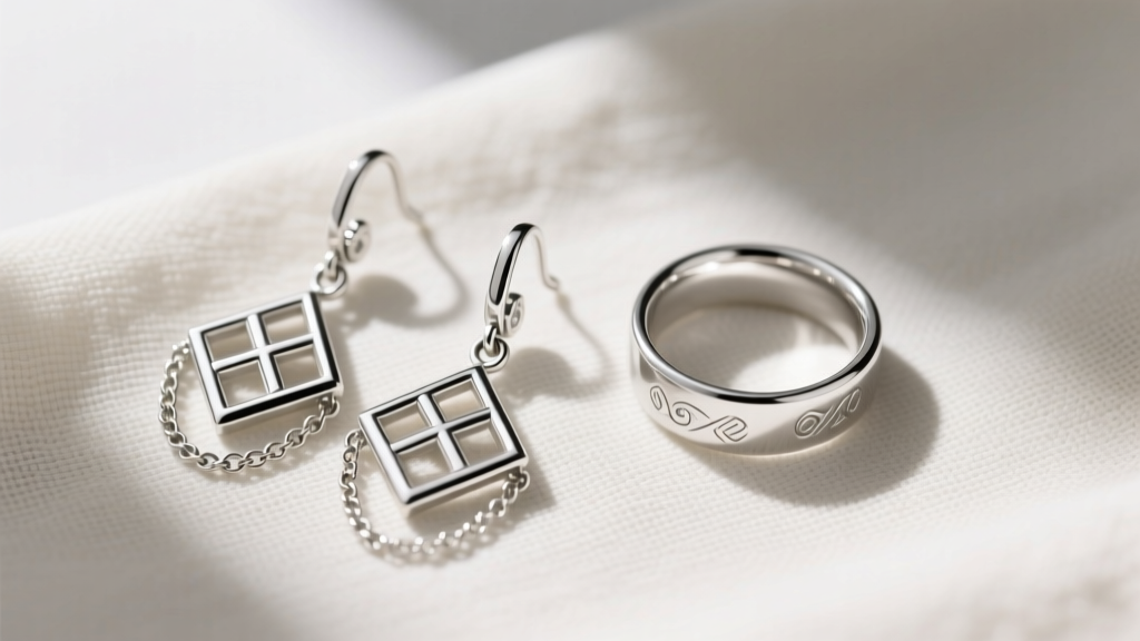 Overhead flat lay of silver plated drop earrings and a solid sterling ring on linen cloth, showcasing mixed metal styling trends.