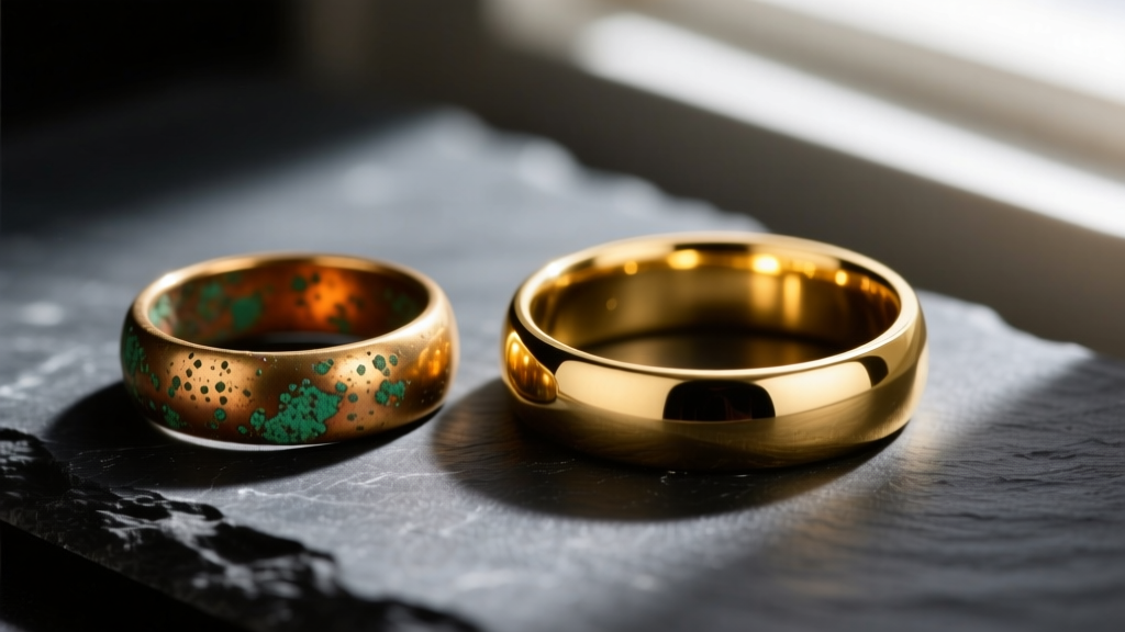 Close-up of a tarnished brass ring beside a pristine 14k gold band on dark slate, dramatic lighting highlighting metal oxidation