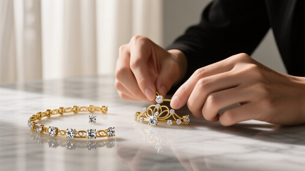 Jeweler's hands using nylon-jaw pliers to gently reshape the curved wire of a tarnished brass fish hook clasp on a bench block.