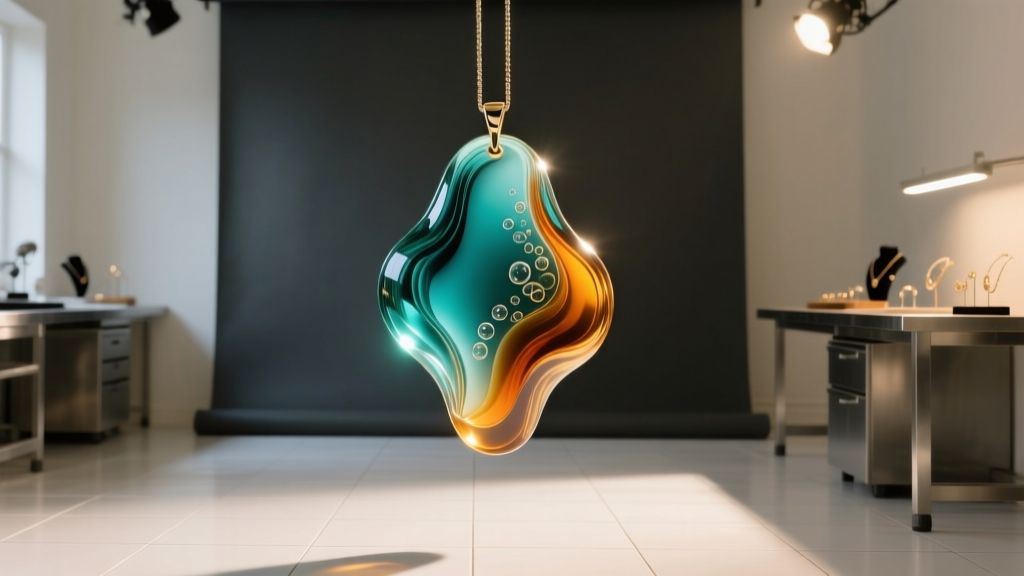 Vibrant teal and amber fused glass pendant on dark slate, lit by soft studio lighting in a clean jewelry workshop.