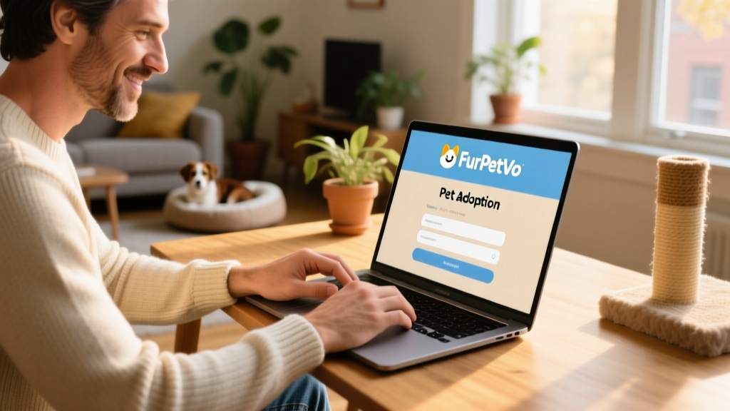 Person filling out digital adoption form on laptop with friendly FurPetVo logo visible