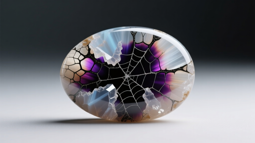 Macro photography of a dyed howlite cabochon showing dark webbing and dye concentration in the cracks under bright lighting.