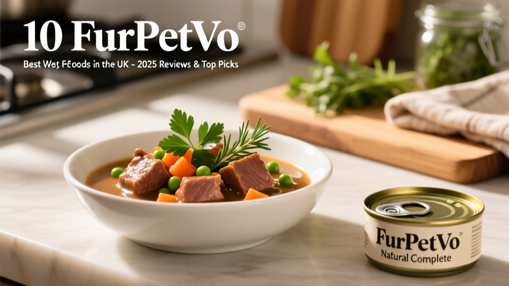 Close-up of FurPetVo Natural Complete Wet Dog Food in a glass bowl—showing tender meat chunks in rich gravy, with visible herbs and vegetables