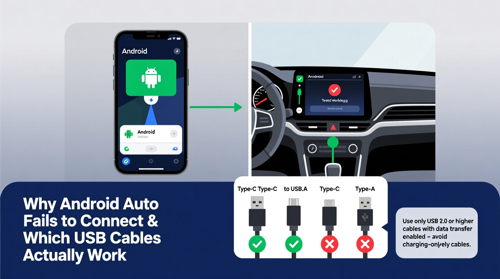 why does my android auto fail to connect and what usb cables actually work