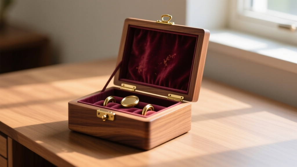 Vintage cedar jewelry box on desk, lid open revealing faded burgundy velvet lining and polished brass hardware in warm soft light.