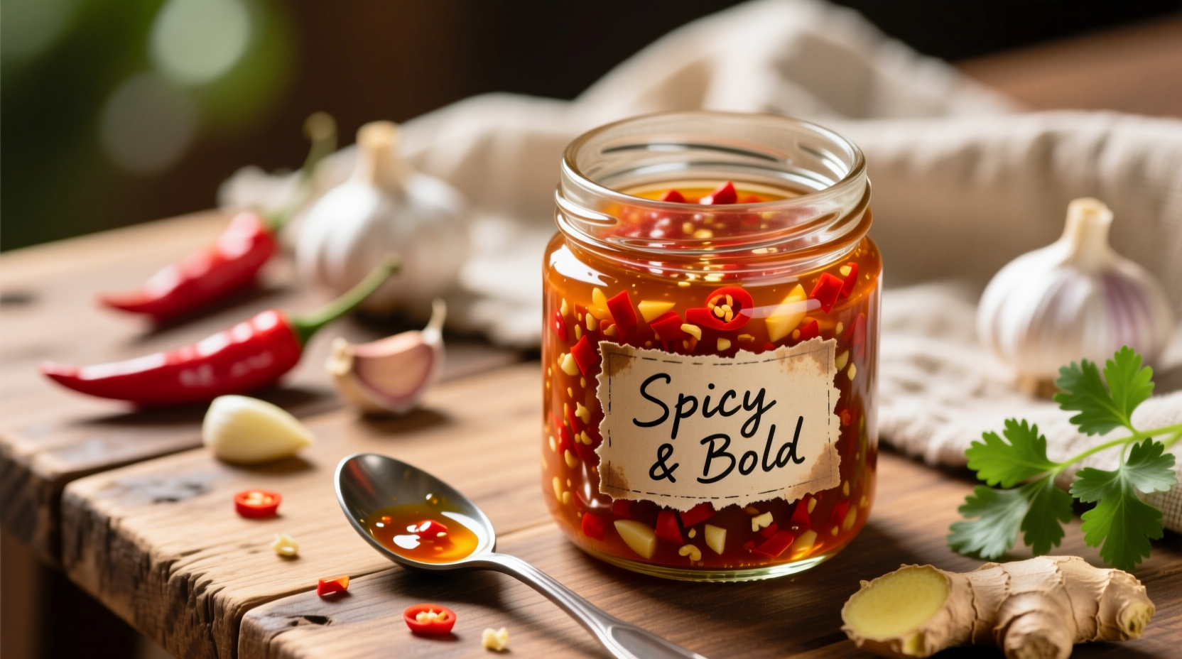 Homemade chilli garlic sauce in glass jar with fresh ingredients