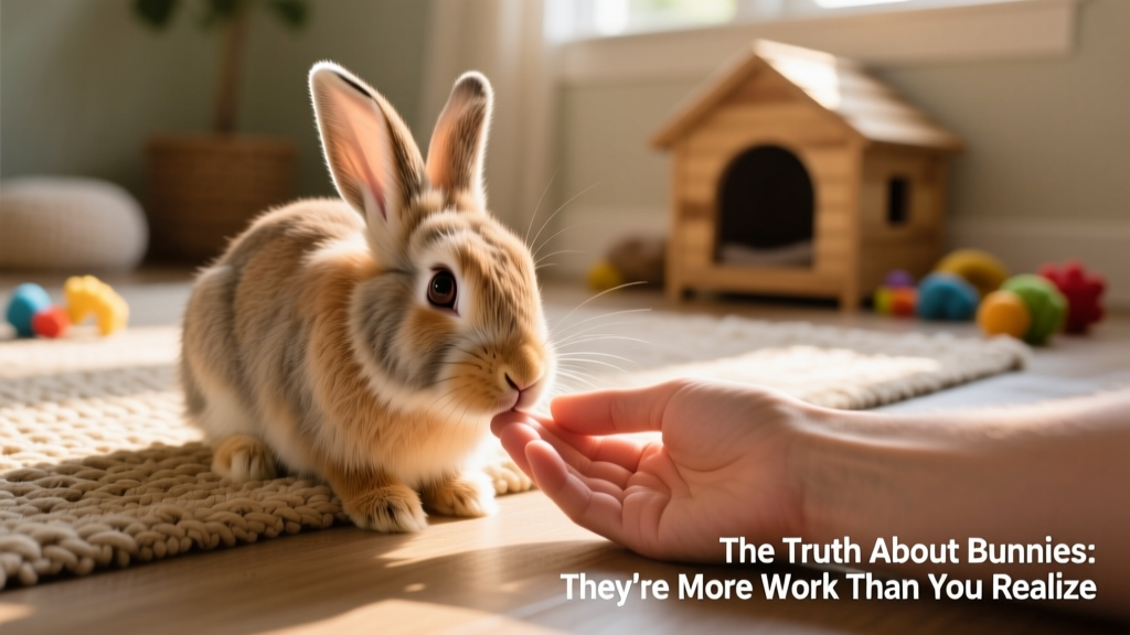 A curious rabbit gently sniffing a hand held near the floor, with no attempt to lift or restrain them