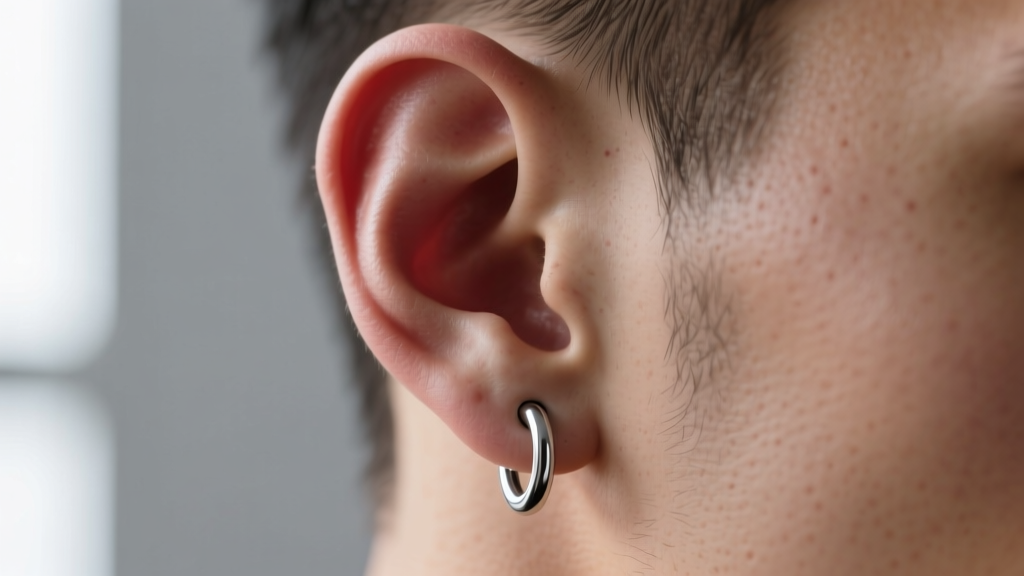 Close-up of a masculine ear wearing a 10mm titanium huggie hoop in the upper cartilage, softly illuminated by natural window light