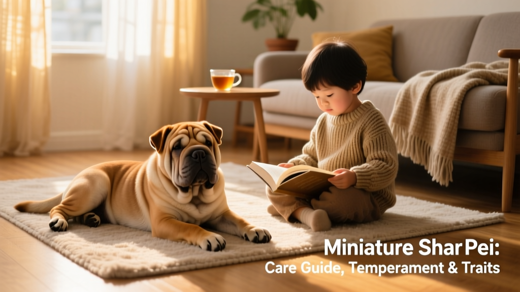 Adult Miniature Shar Pei resting peacefully beside a child reading on a cozy living room floor