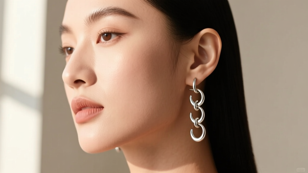 Profile of a model wearing three descending silver french hook earrings in a lobe stack, illuminated by soft natural window light