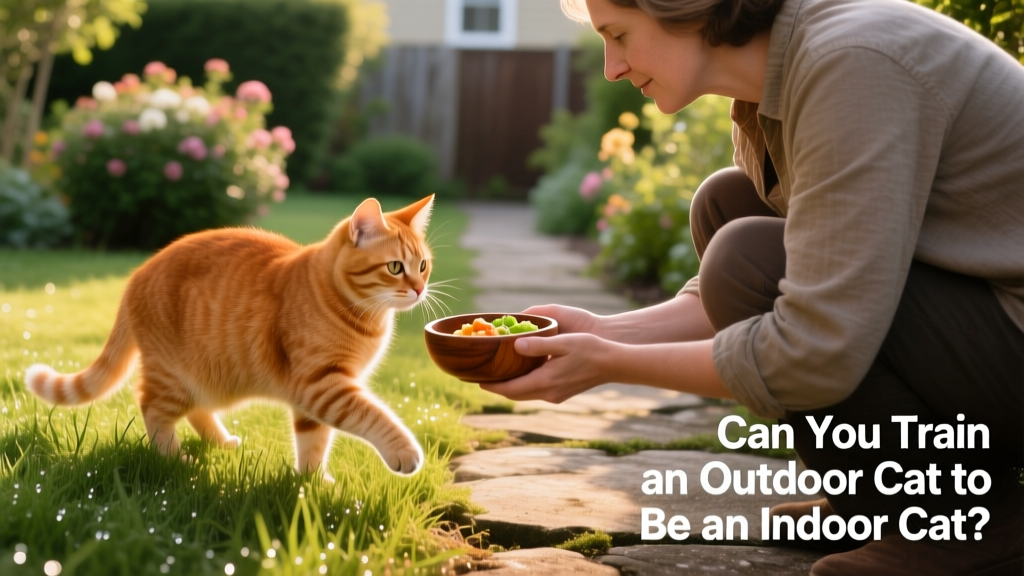 A person crouching at a safe distance while offering food to a cautious ginger cat in a garden