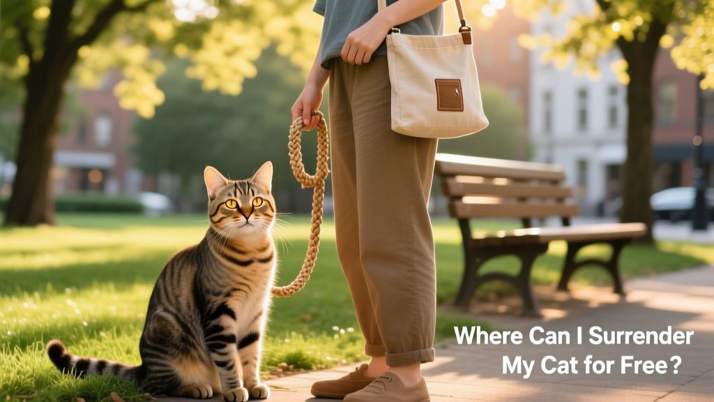 A calm, friendly cat sitting beside a person holding a leash and treat bag, symbolizing positive human-cat bonding