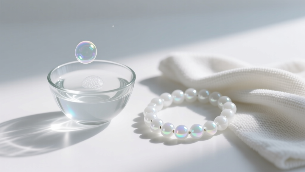 A small glass bowl of lukewarm water and mild soap next to a white glass beaded necklace, with a soft microfiber cloth nearby.