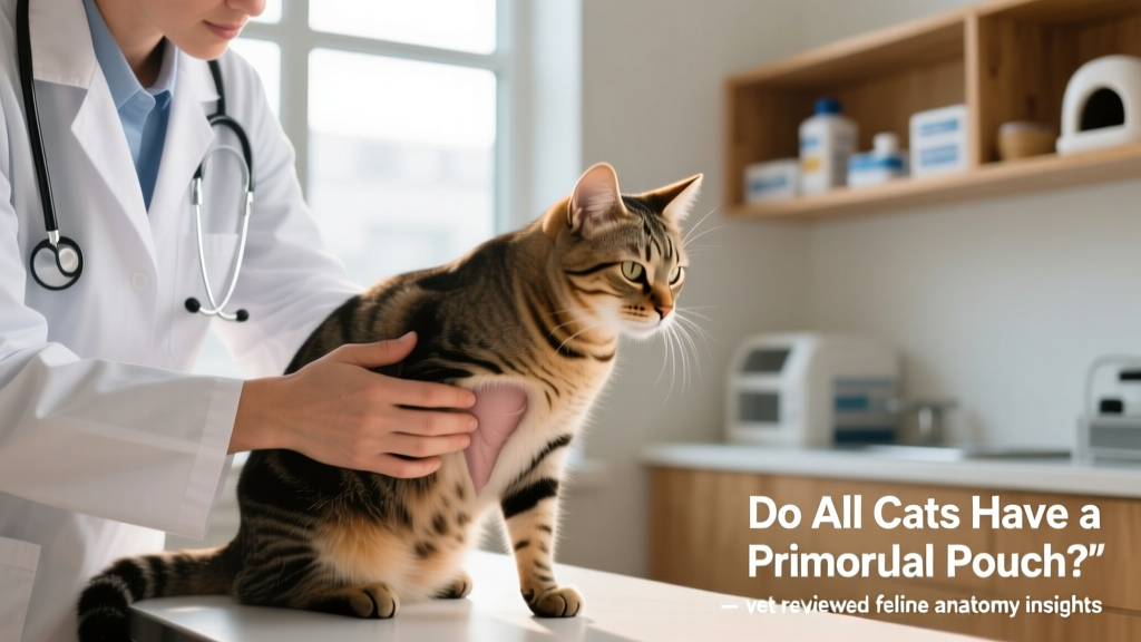 Veterinarian gently palpating a cat’s abdomen during a wellness exam, demonstrating safe handling of the primordial pouch area