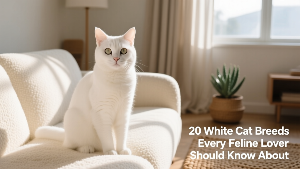 A white American Shorthair sitting alertly on a cozy sofa, showcasing its sturdy build and expressive eyes