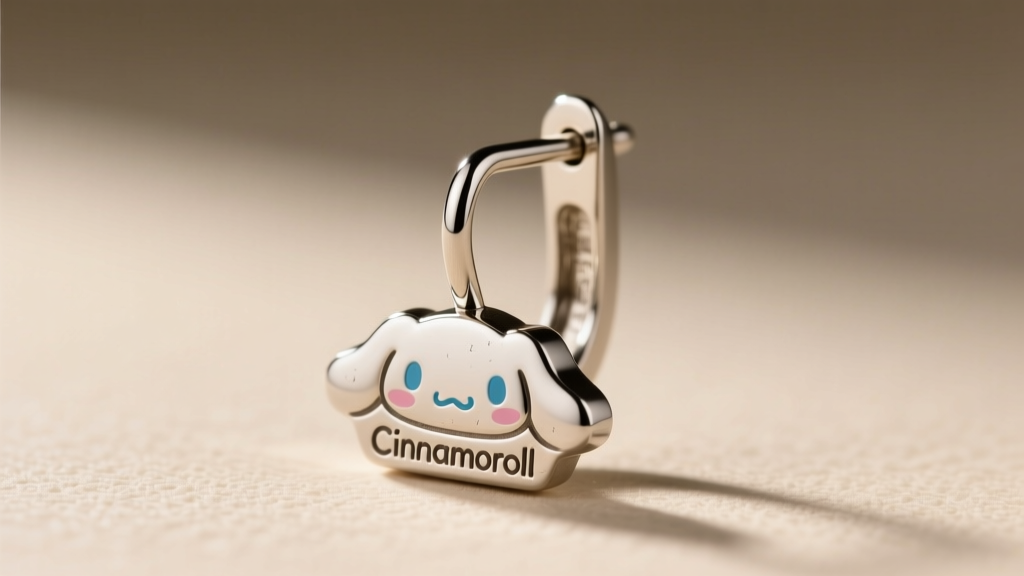 Profile view of a Cinnamoroll 18-gauge steel dangle earring, highlighting post thickness and standard earlobe piercing placement.