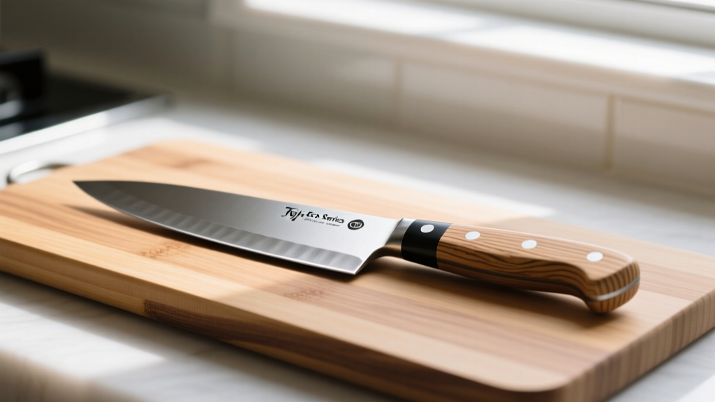 Tojiro Eco-Series chef knife with recycled paper handle resting on an end-grain bamboo cutting board in bright natural kitchen light