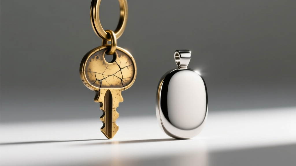 Macro shot of a scratched brass keychain pendant beside a pristine titanium pendant under bright, directional studio lighting.