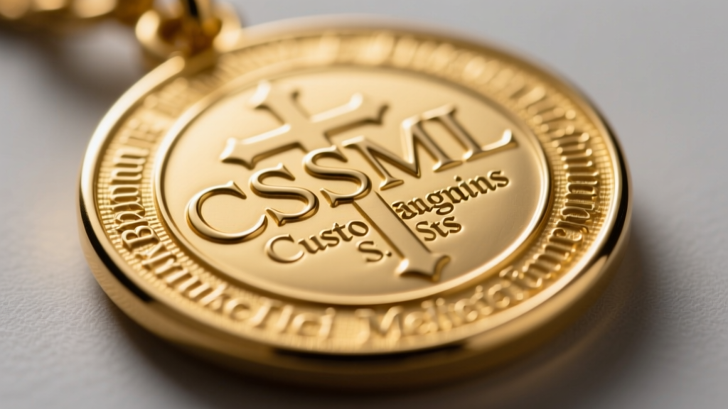 Extreme close-up of Latin abbreviations CSSML engraved on the back of a polished 14k yellow gold St Benedict religious medal.