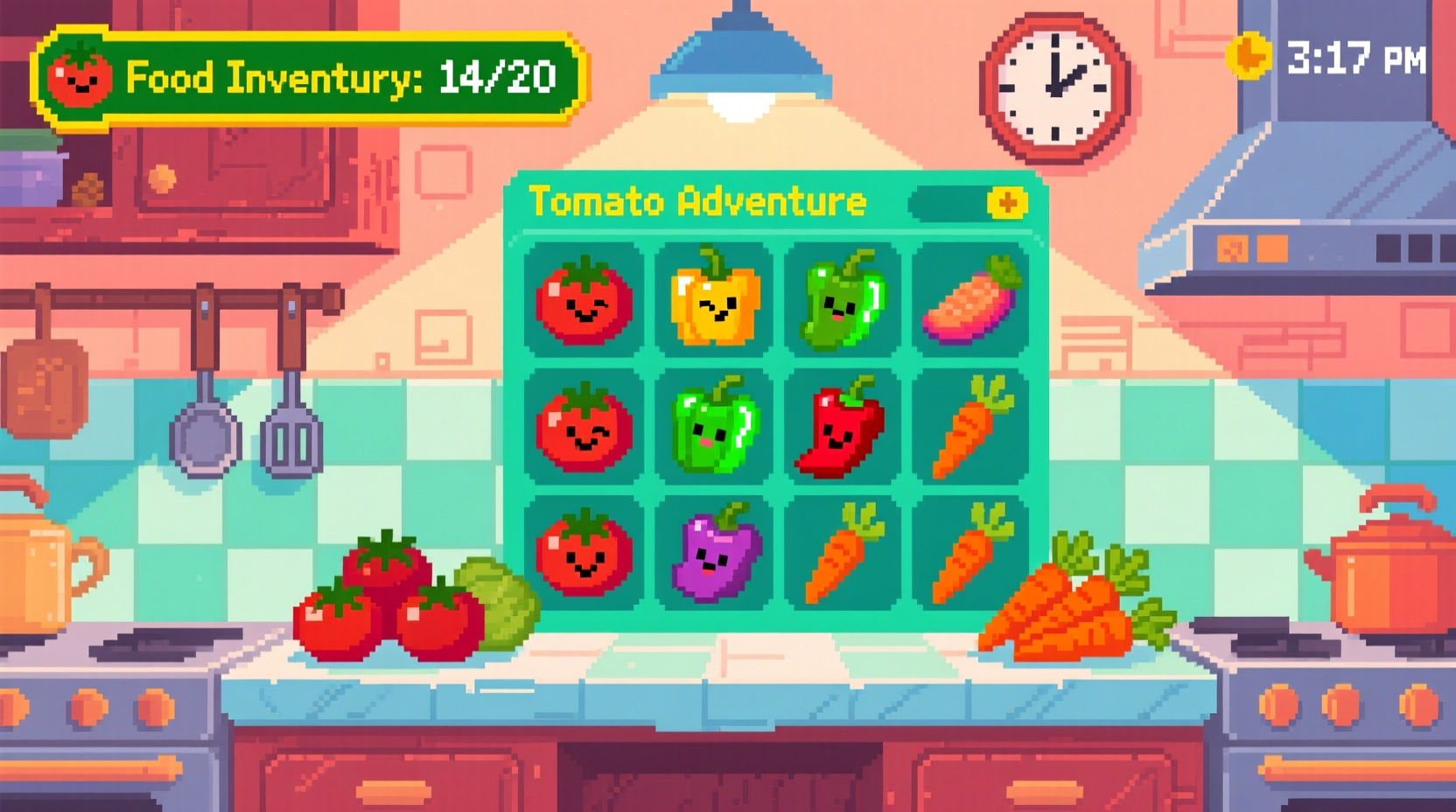 Tomato Adventure game screen showing food inventory management