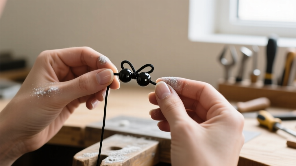 Jeweler hands using a fine awl to tighten a small overhand knot on delicate black nylon cord between two dark onyx beads.