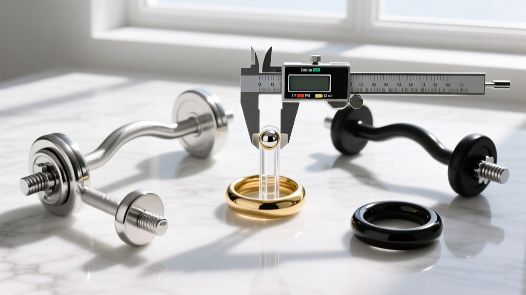 Flat-lay of curved barbells and captive bead rings on white marble, with a digital caliper measuring the exact jewelry rise length.