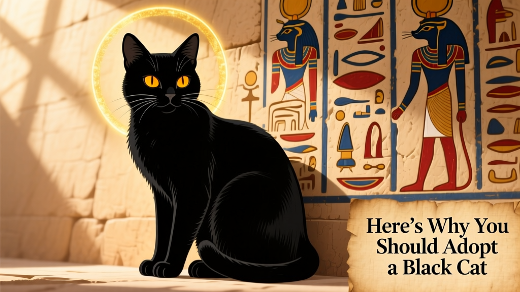 Historical illustration showing Egyptian hieroglyphs featuring cats alongside a stylized black feline