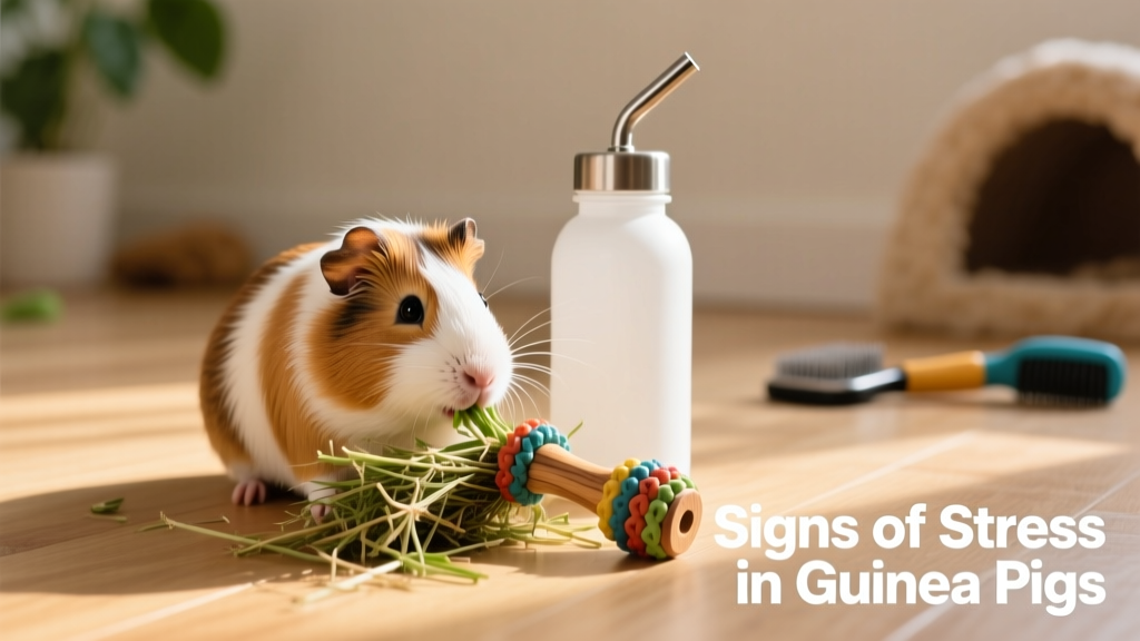 A guinea pig happily nibbling fresh timothy hay beside a clean water bottle and chew toy