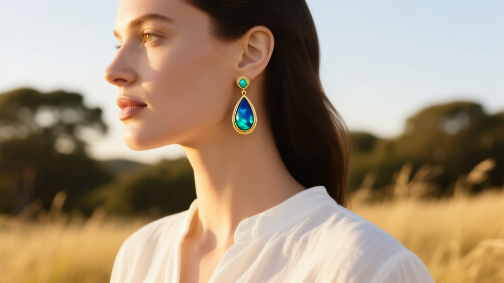 Side profile of a woman wearing 18g sleeping beauty turquoise drop earrings with a white linen blouse in golden hour lighting.