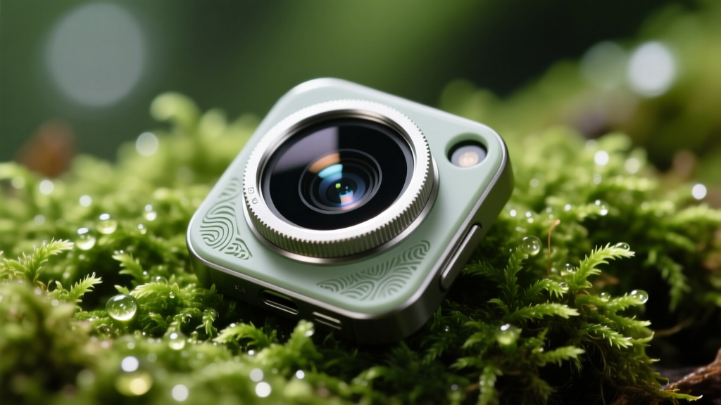 A macro shot of a sustainable smartphone camera lens attachment crafted from recycled titanium and bioplastics, resting on a bed of vibrant green moss.