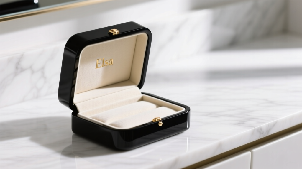 Open Elsa jewelry box with matte black polycarbonate shell and cream suede lining, resting on a white marble vanity.