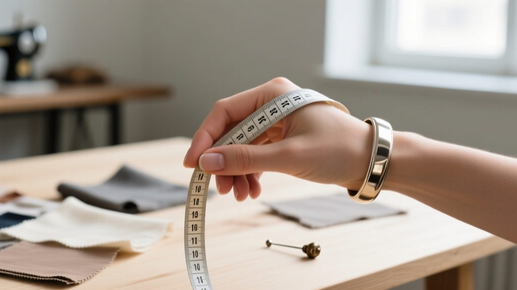 Close-up of a tailor measuring tape wrapped around a female hand knuckles to find the correct diameter for fitted bangle jewelry