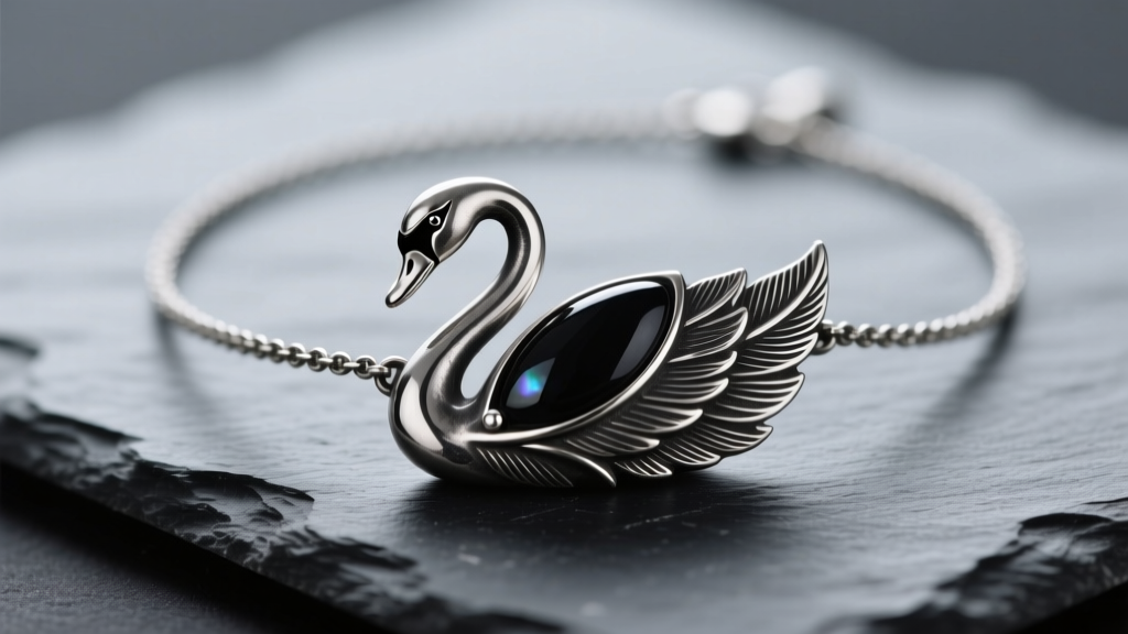 Oxidized sterling silver black swan necklace on dark slate, showing intricate feather detailing and a small polished onyx inlay